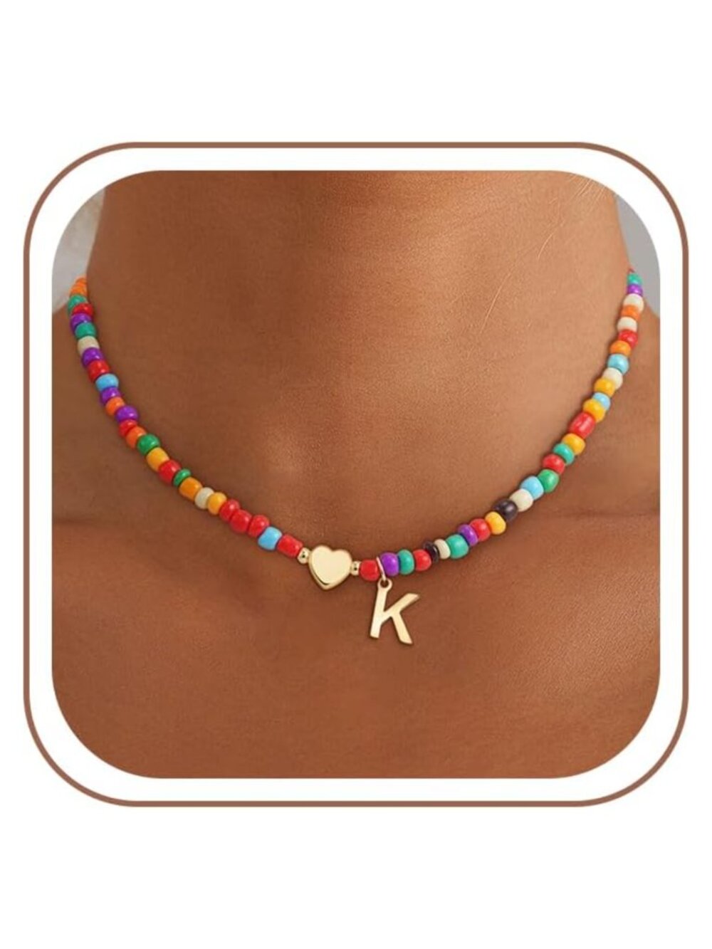 Heart Initial Beaded Necklace Girls Boho Choker 16+2 Inch